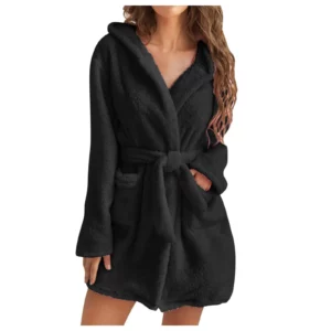Women Bath Robe Winter Fluffy Plush Pyjamas Ladies Sexy Hooded Dressing Solid Color Gown Warm Bathrobe Female Home Clothing - Image 2
