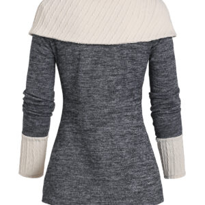 2024 New Women's Long Sleeves Tops Heathered Contrast Lace Up Decor Asymmetric Turn Down Top Mock Button Asymmetric Hem Top - Image 5