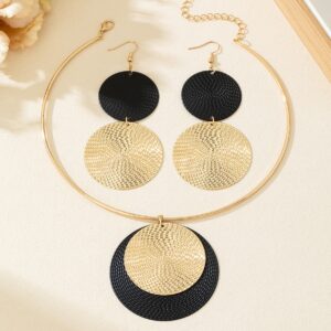 2PCS Large Round Earrings Collar Necklace Set for Women Exaggerated Ripple Points Metal Geometric Pendant Necklace Jewelry - Image 3