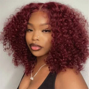 99J Colored Curly Deep Water Wave Lace Front Wig Burgundy Red Remy Short Cut Bob Frontal Human Hair Wigs Women Pre Plucked Wigs - Image 7