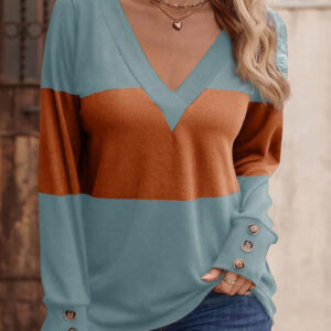 6 Color Blocked Striped Top Women's V-Neck Button Up Long Sleeve T-Shirt Spring Autumn Casual Pullover - Image 4