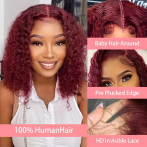 99J Colored Curly Deep Water Wave Lace Front Wig Burgundy Red Remy Short Cut Bob Frontal Human Hair Wigs Women Pre Plucked Wigs - Image 3