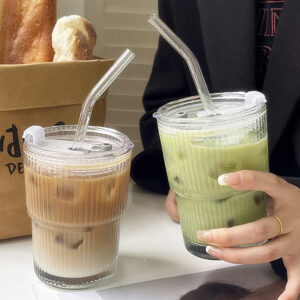 450ml Stripe Coffee Glass Cup With Lid and Straw Transparent Glasses Tea Cup Juice Glass Milk Mocha Cups Breakfast Mug Drinkware - Image 6