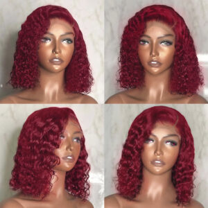99J Colored Curly Deep Water Wave Lace Front Wig Burgundy Red Remy Short Cut Bob Frontal Human Hair Wigs Women Pre Plucked Wigs - Image 4