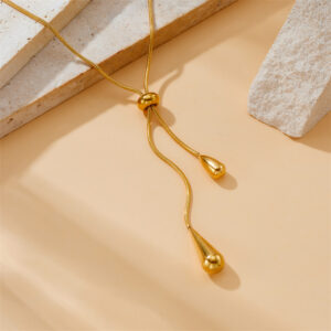 DIEYURO 316L Stainless Steel Adjustable Water Droplet Tassels Necklace Earrings Women New Golden Fashion Jewelry Set Party Gifts - Image 2