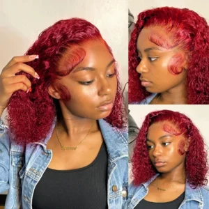99J Colored Curly Deep Water Wave Lace Front Wig Burgundy Red Remy Short Cut Bob Frontal Human Hair Wigs Women Pre Plucked Wigs - Image 2