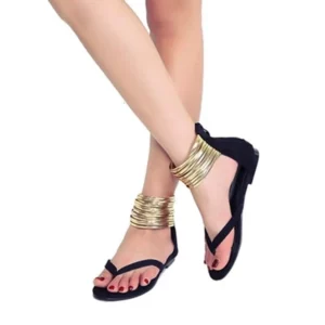 2025 Women Sandals Casual Flat Leisure Sandalias Size 43 Flip Flops Flock Metal Decoration Zipper Ankle Wrap Summer Woman Shoes - Image 2