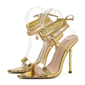 Women's Sandals High Heels 12CM New Chain Ankle Strap Gold White Pointed Toe Female Party Shoes Sandalias de mujer Size 35-42 - Image 4