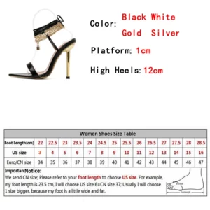 Women's Sandals High Heels 12CM New Chain Ankle Strap Gold White Pointed Toe Female Party Shoes Sandalias de mujer Size 35-42 - Image 6