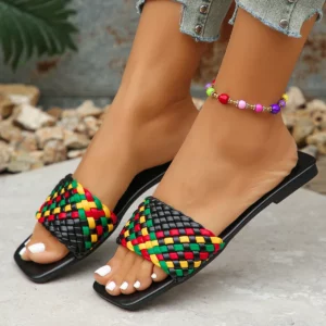 Women Slippers Summer Fashion Beach Mules Casual Indoor Home Slippers Selling Sexy Braided Square Toe Flat Sandals Slides Women - Image 4