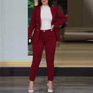 2pcs Women Office Clothing Set Long Sleeve Blazer Jacket & High Waist Pencil Pants Solid Color - Image 5