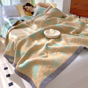 Towel Blanket for Sofa Pure Cotton Thread Blanket Yellow Color Cat Printed Plaids for Bed Queen Size Summer Bedspread/Quilt - Image 3
