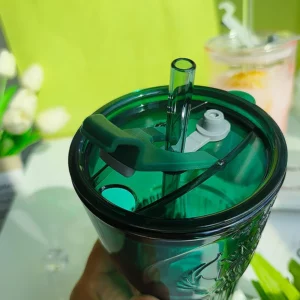 600ML Large Capacity Straw Glass Coffee Milk Cup Dark Green Goddess Model Summer Water Cup with Lid and Straw - Image 4