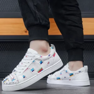 Sneakers Casual Men Designer Rivet Punk Board Shoes Fashion Leather Canvas Breathable Height Increased Flat Platform White Shoes - Image 6