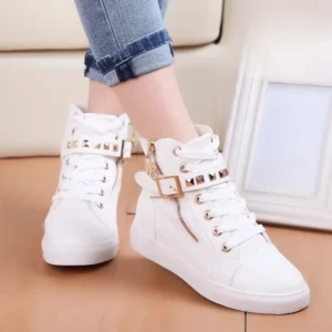 Women White Canvas Shoes High Top Belt Buckle Sneakers Fashion Studded Flat Boots Zipper Casual Board Shoes Zapatillas De Mujer - Image 1