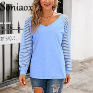 Fashion See-through Striped Long Sleeve T-Shirt Female Autumn Loose V Neck Pullover Tops Women Solid Color Casual Commuter Tees - Image 6