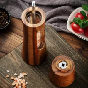 8inch Sets Wooden Salt and Pepper Grinder With Base,Ceramic Core Transparent Window Manual Pepper Mills Kitchen Spice Shaker Set - Image 6