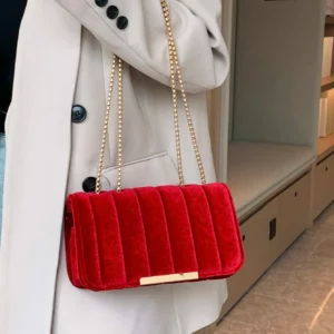 Neon Red Flap Chain Square Bag Velor Leather Fashionable Dating Gift Shoulder & Crossbody Bag With Chain Strap For Women - Image 2
