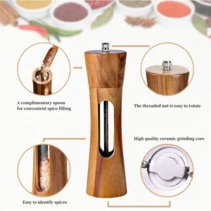 8inch Sets Wooden Salt and Pepper Grinder With Base,Ceramic Core Transparent Window Manual Pepper Mills Kitchen Spice Shaker Set - Image 3