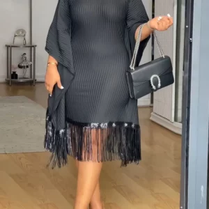 Znaiml Elegant Batwing Sleeve Tassel Slim Birthday Party Black Midi Dresses Women Sexy Evening Prom Bodycon African Vestidos New - Image 1