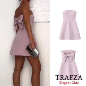 TRAFZA Sweet Sexy Pink Wrap Mini Dress Women's Bow Short Blackless Dress New 2025 Summer Vacation NightClub Party Mini Dress - Image 1