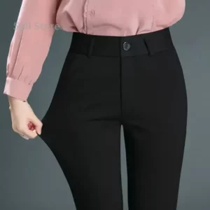 Spring Autumn Casual Button Elastic Mid Waist Black&Navy Blue Straight Trousers Office Lady Quick Drying Suit Pants Female - Image 3