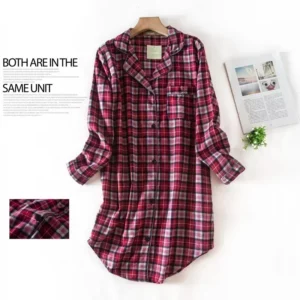 Flannel Cotton Home Nightdress Cardigan Shirt Night Dress Cute Cartoon Plaid Design Sleepwear Fashion Sleeping Shirt Woman - Image 6
