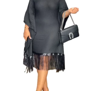 Znaiml Elegant Batwing Sleeve Tassel Slim Birthday Party Black Midi Dresses Women Sexy Evening Prom Bodycon African Vestidos New - Image 6