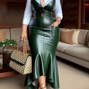 Womens Dresses New V Neck Zipper Sleeveless PU Leather Pocket Skinny Belted Female Maxi Fishtail Dress Does Not Include Shirt - Image 1