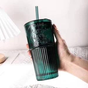 600ML Large Capacity Straw Glass Coffee Milk Cup Dark Green Goddess Model Summer Water Cup with Lid and Straw - Image 5