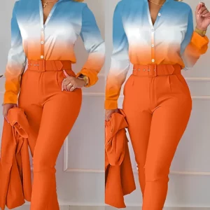 elegant print shirt and pants two piece sets women 2023 spring autumn fashion long sleeve shirts high waist pant casual suits - Image 4