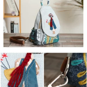 Student Fresh and Versatile Backpack Fabric Art, Woolen Hook Weaving, Double Layer Handheld - Image 6