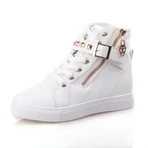 Women White Canvas Shoes High Top Belt Buckle Sneakers Fashion Studded Flat Boots Zipper Casual Board Shoes Zapatillas De Mujer - Image 3