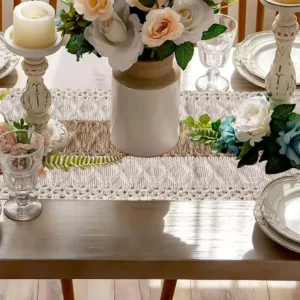 Boho Table Runner Macrame Table Runners for Home Decor Cream & Brown Macrame Table Runner with Tassels for Dining Bedroom Decor - Image 4