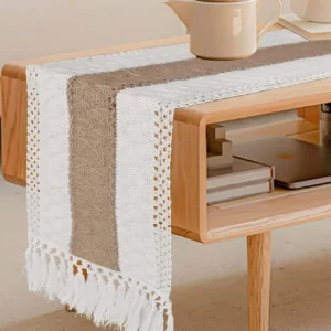 Boho Table Runner Macrame Table Runners for Home Decor Cream & Brown Macrame Table Runner with Tassels for Dining Bedroom Decor - Image 2