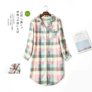 Flannel Cotton Home Nightdress Cardigan Shirt Night Dress Cute Cartoon Plaid Design Sleepwear Fashion Sleeping Shirt Woman - Image 4