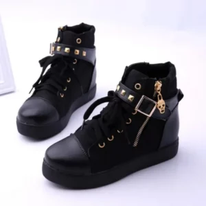 Women White Canvas Shoes High Top Belt Buckle Sneakers Fashion Studded Flat Boots Zipper Casual Board Shoes Zapatillas De Mujer - Image 4
