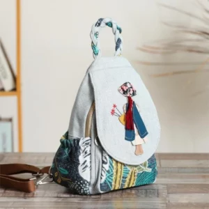 Student Fresh and Versatile Backpack Fabric Art, Woolen Hook Weaving, Double Layer Handheld - Image 5