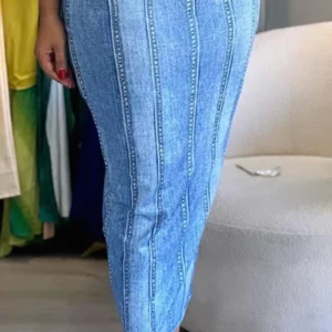 Women's Urban Suits Denim Look Print Bandeau Bodycon Dress 2024 Summer Latest Casual Sleeveless All Over Print Skinny Skirt - Image 2