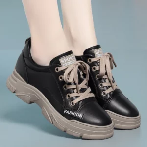 Spring Non-slip Soft Leather Sneaker Trekking Footwear New Women's Thick-soled Lace-up Leisure Skateboard Sports Shoes - Image 4