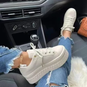 2023 Women Light Sneakers Fashion PU Leather Round Head Platform Sports Lace-Up Walking Ladies Vulcanize Shoes Height Increasing - Image 3