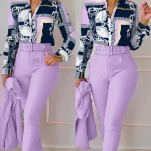 elegant print shirt and pants two piece sets women 2023 spring autumn fashion long sleeve shirts high waist pant casual suits - Image 5