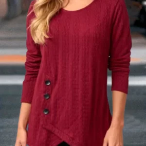 Women's Long Sleeve Round Neck Top Solid Color Button Jacquard T-Shirt Elegant Trend Autumn Top - Image 6