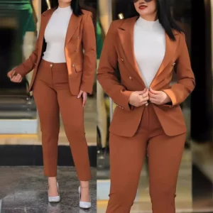 2pcs Women Office Clothing Set Long Sleeve Blazer Jacket & High Waist Pencil Pants Solid Color - Image 3