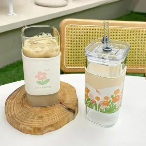 1Pcs Square Heat Resistant Coffee Glass Cup With Lid and Straw Transparent Milk Tea Juice Cups Coffee Mug For Home Bar Drinkware - Image 4