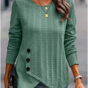 Women's Long Sleeve Round Neck Top Solid Color Button Jacquard T-Shirt Elegant Trend Autumn Top - Image 2