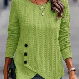 Women's Long Sleeve Round Neck Top Solid Color Button Jacquard T-Shirt Elegant Trend Autumn Top - Image 5