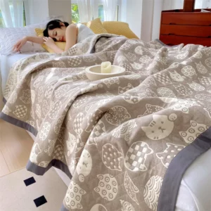 Towel Blanket for Sofa Pure Cotton Thread Blanket Yellow Color Cat Printed Plaids for Bed Queen Size Summer Bedspread/Quilt - Image 6