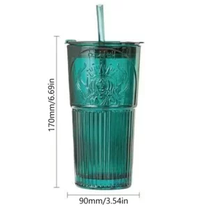 600ML Large Capacity Straw Glass Coffee Milk Cup Dark Green Goddess Model Summer Water Cup with Lid and Straw - Image 6