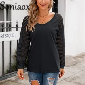 Fashion See-through Striped Long Sleeve T-Shirt Female Autumn Loose V Neck Pullover Tops Women Solid Color Casual Commuter Tees - Image 3